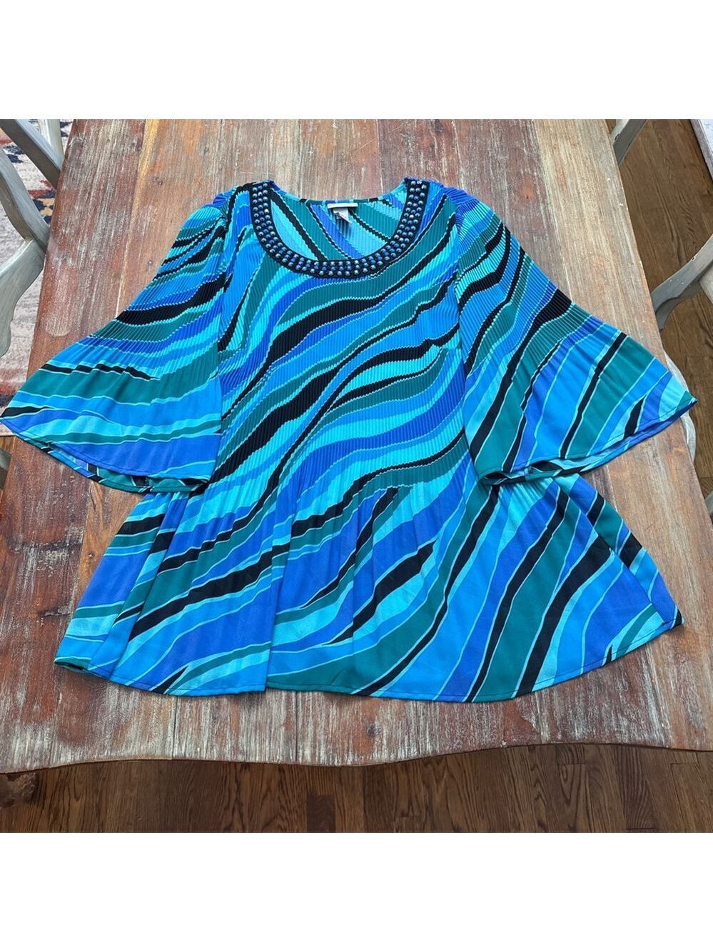 Catherines Plus Size Pleated Tunic Top Blue Black Striped 0X